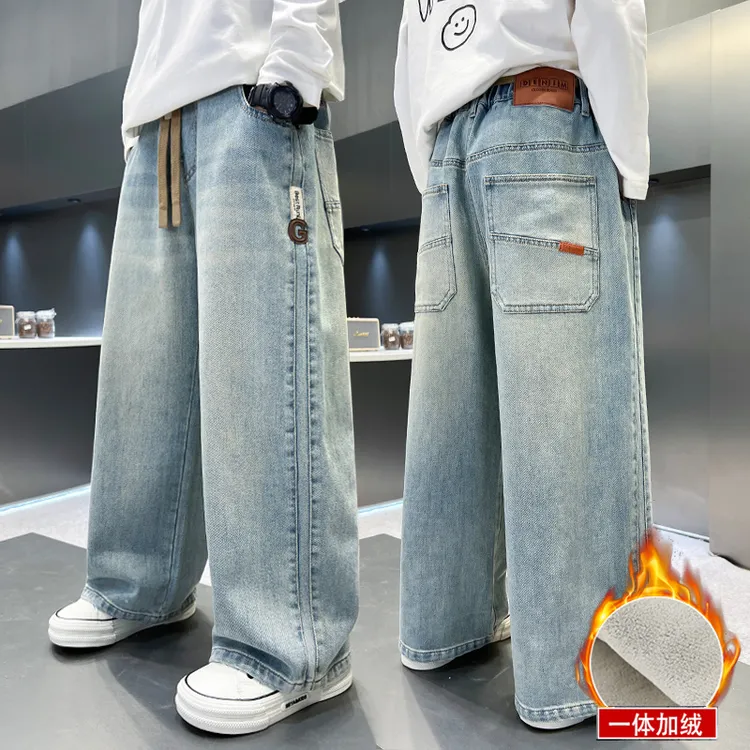 男童直筒牛仔裤冬季加绒宽松2025中大童休闲韩版长裤儿童裤子春秋