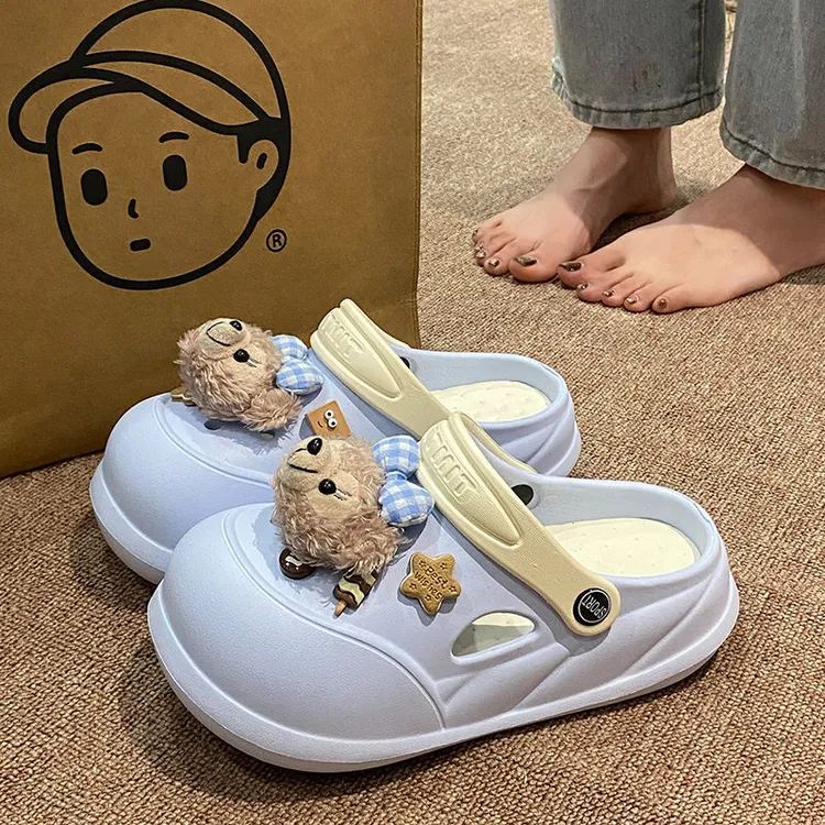 毛绒拖鞋小熊软底防滑蝴蝶结夏季休闲夏季家居鞋洞洞鞋百搭时尚