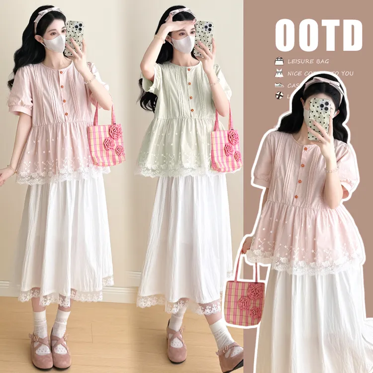 孕妇装夏装2025新款甜美风拼接花朵扣子衬衫猪鼻扣蕾丝拼接裙套装
