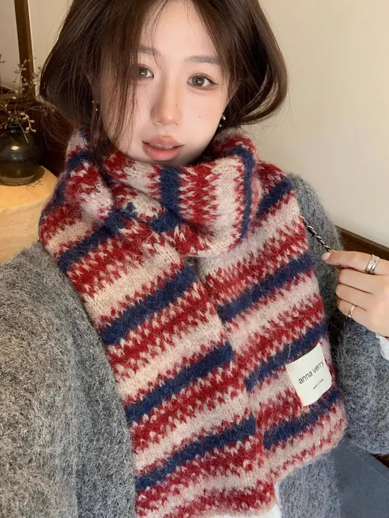 含羊毛韩系秋冬氛围感针织围巾女加绒软糯条纹防寒保暖情侣围脖男