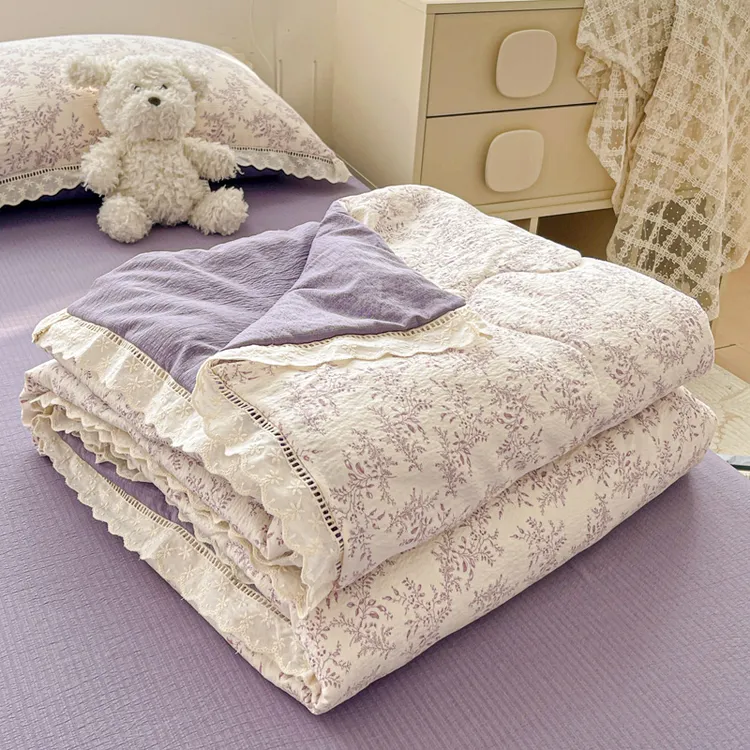 韩版双层纱夏凉被四件套双人单人花边款夏被空调被夏季被子可机洗