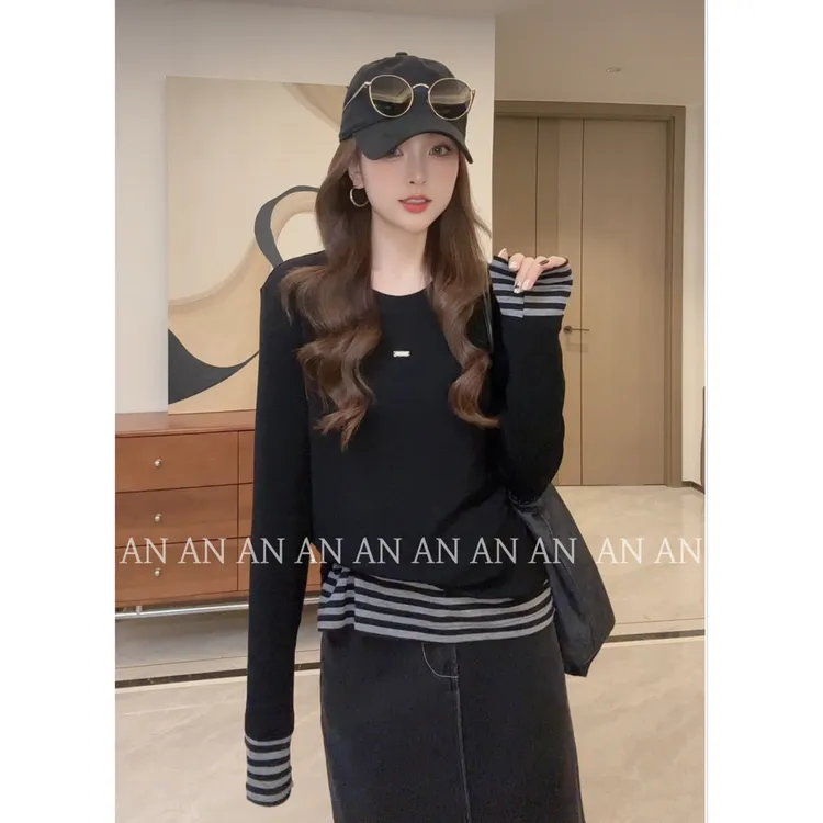 C08480秋季百搭宽松慵懒风圆领假两件拼接条纹打底衫T恤