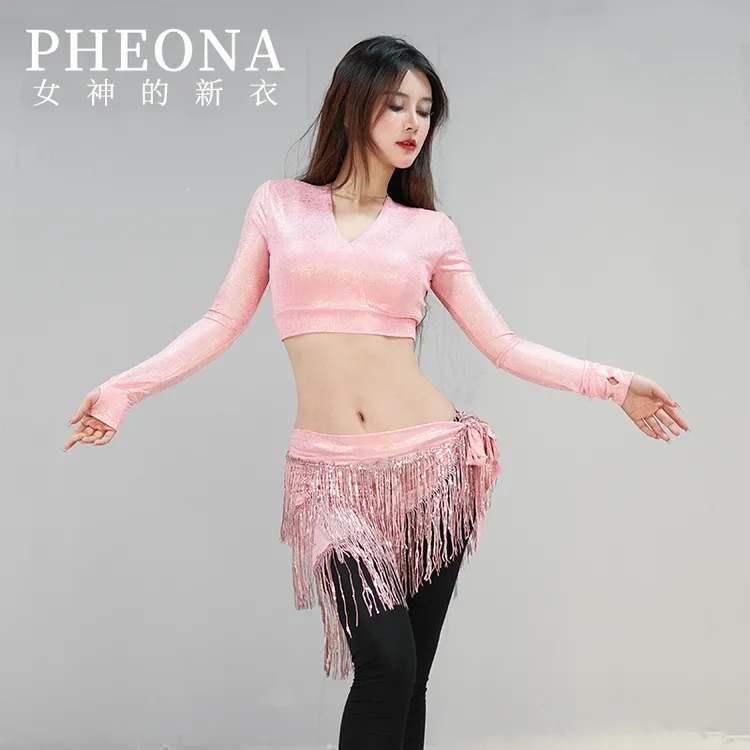 PHEONA2025年新款肚皮舞裙练功服长袖上衣半身流苏裙系带臀巾T034