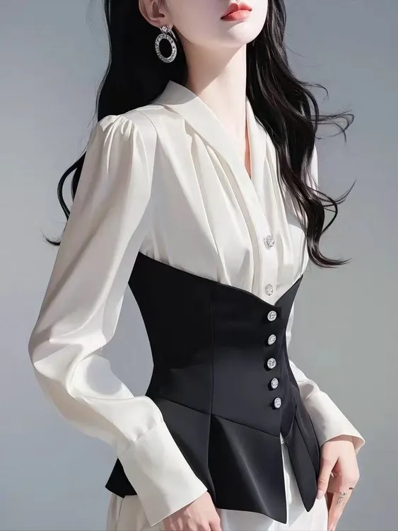 SS618超火白色黑色撞色衬衫女高级感轻奢减龄洋气独特漂亮上衣