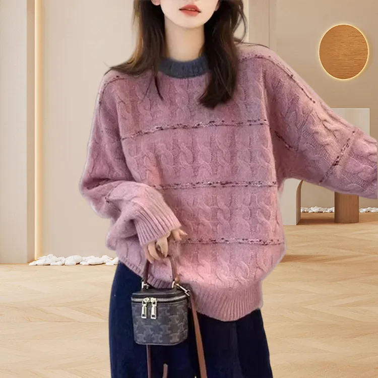 软糯慵懒风休闲甜美毛衣女胖妹妹大码长袖别致显瘦宽松打底针织衫