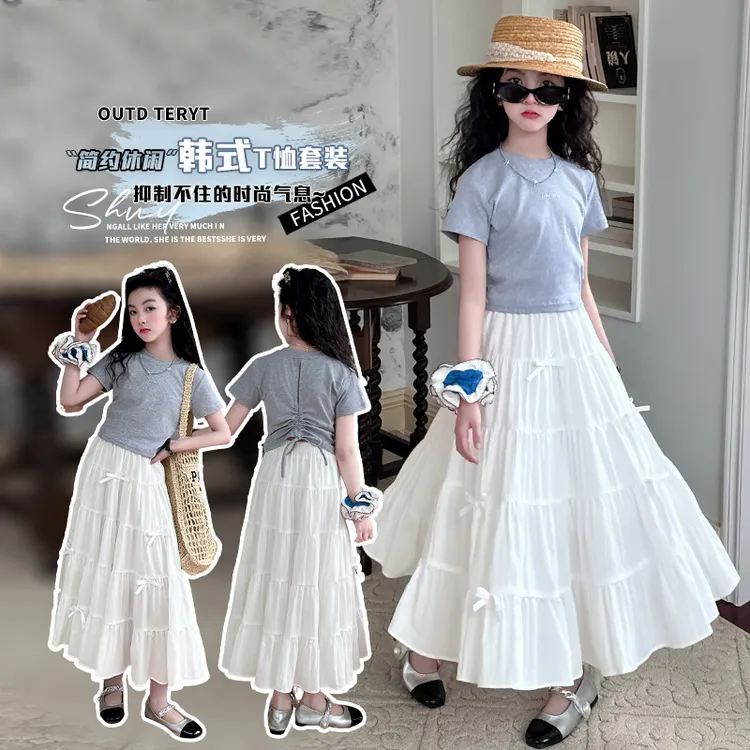 女童短袖半身裙套装2025新款儿童夏装T恤女孩蛋糕裙长裙两件套潮