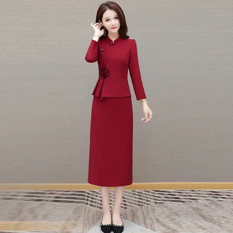 喜婆婆婚宴装礼服广州十三行红色长袖连衣裙假两件套装女春秋妈妈