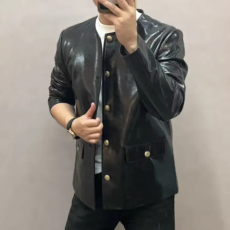 新款高端男士轻奢时尚复古港风圆领皮衣外套25013
