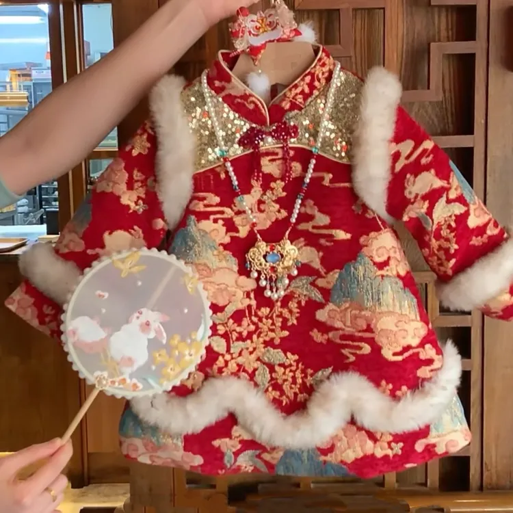 女童新年旗袍连衣裙冬装女宝宝国风连衣裙加绒加厚周岁礼服拜年服