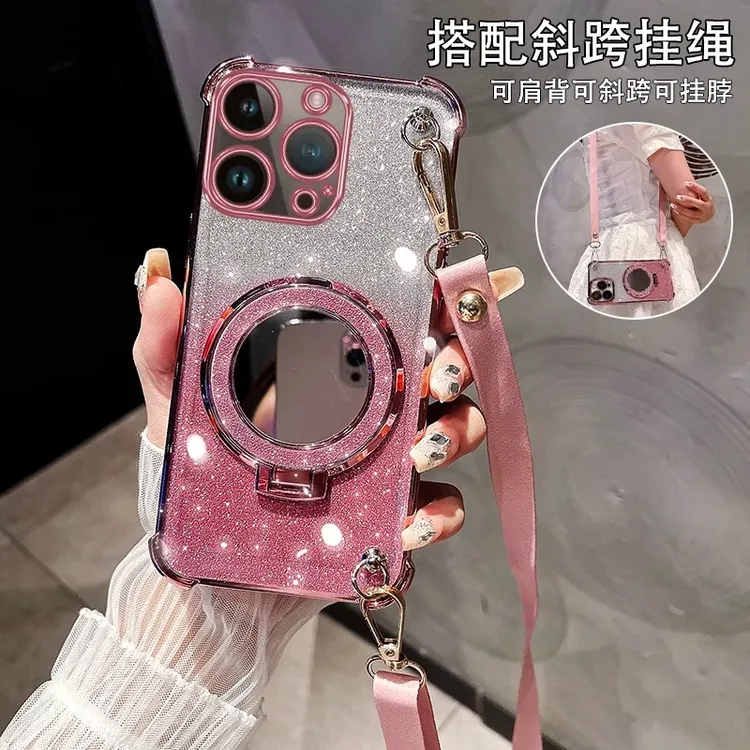 适用苹果16手机壳OPPO镜子支架vivo高档女款华为荣耀全包边带挂绳