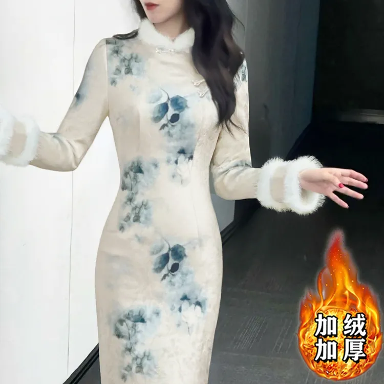 【爆款】【加绒加厚】新中式国风秋冬改良旗袍温柔文艺范连衣裙D4536