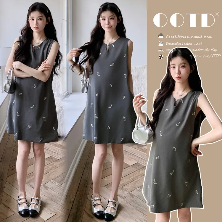 孕妇装法式背心裙夏季2025新款宽松显瘦设计感刺绣碎花短裙孕妇裙