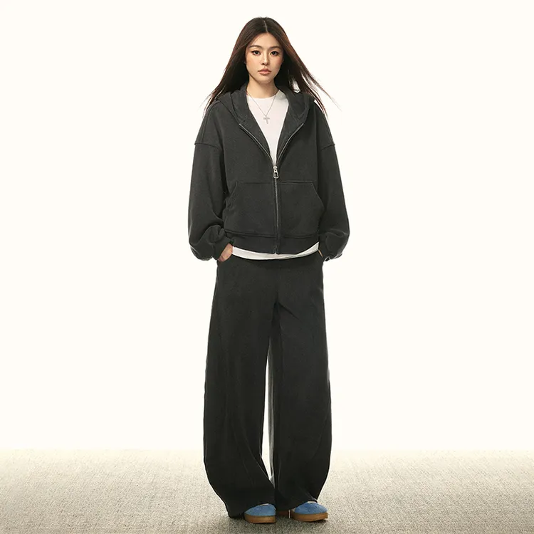 Aaisup双面休闲高克重连帽卫衣外套+加厚宽松复古阔腿裤两件套装