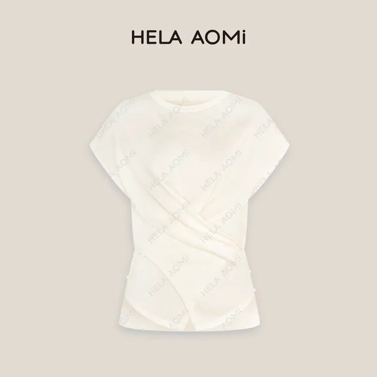 HELAAOMI“纽扣小蛮腰”莱赛尔桑蚕丝小飞袖圆领针织上衣CY5BM32537