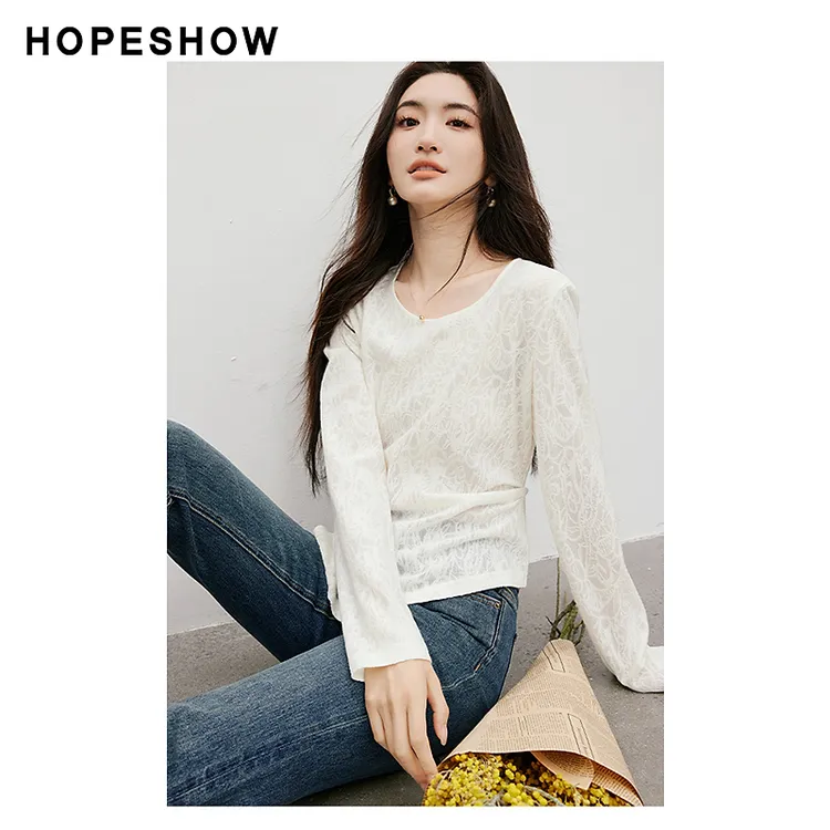 红袖2025秋季新款女装 提花小开叉正肩圆领套头上衣90125010201