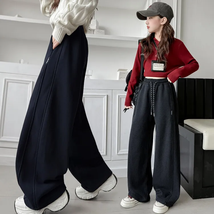 女童裤子秋冬2025新款儿童休闲加绒阔腿裤女大童时髦秋装运动卫裤