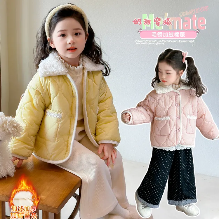 女童棉衣冬装加绒加厚韩版女宝上衣韩版小女孩外套连帽棉袄棉服