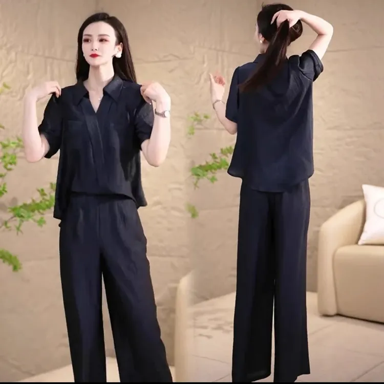 时尚套装女2025夏季新款时髦洋气设计感短袖衬衣阔腿裤气质两件套