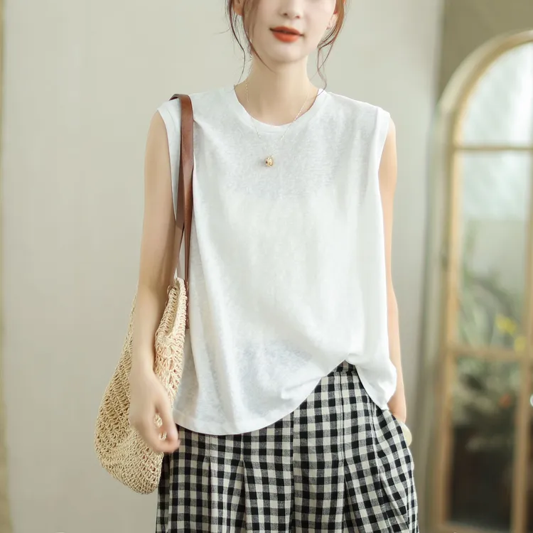 文艺夏季背心女圆领时尚百搭复古雪花棉旅游穿搭新款简约冰丝T恤