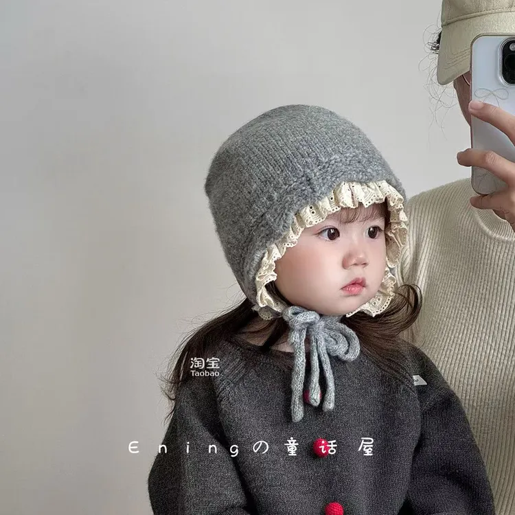 蕾丝边公主宝宝帽子秋冬季新款女童护耳保暖防风毛线帽系带宫廷帽