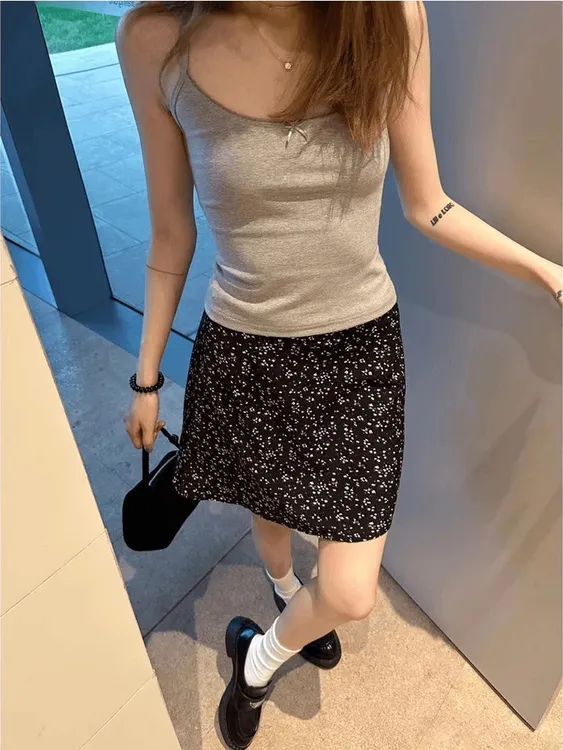 黑色碎花短裙百搭气质甜美小个子防走光a字裙子