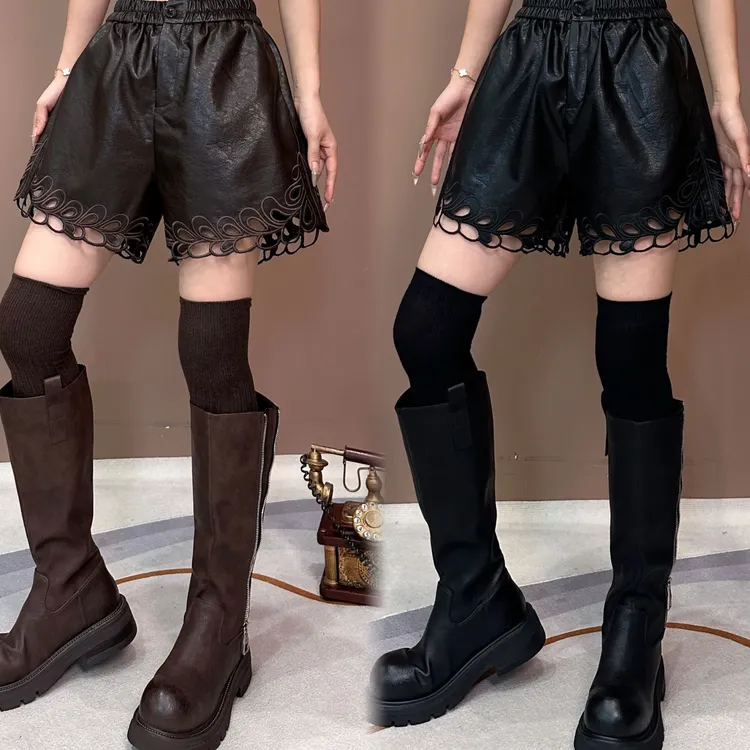 高级感刺绣短裤2025早秋新款时尚气质休闲宽松皮短裤-1018