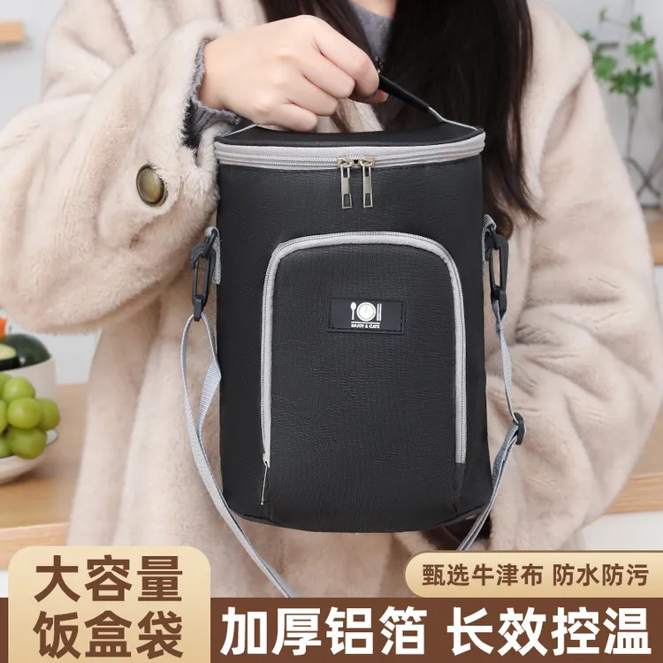 新款牛津布便当包学生饭盒手提袋圆形加厚铝箔保温上班族圆筒餐包