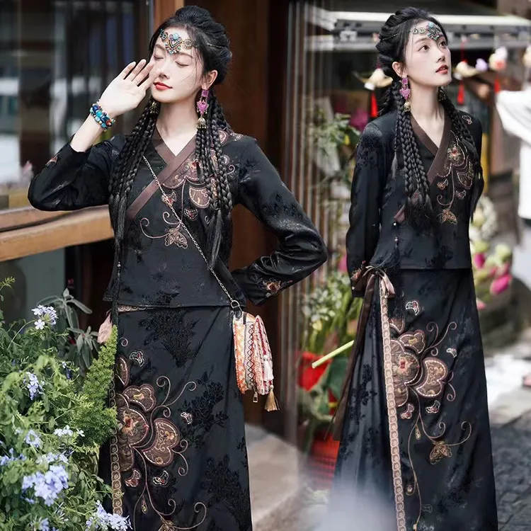  新中式国风V领中国刺绣修身显瘦短款上衣半身裙套装两件套1173