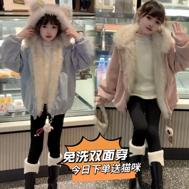 【送猫咪免洗两面穿亲子装】女童皮衣外套甜美连帽保暖两穿女孩秋冬