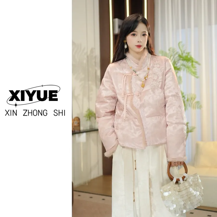 【人面桃花】新中式刺绣水貂毛拼接外套冬季新款国风复古立领棉衣