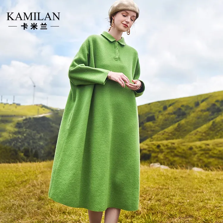 卡米兰绵羊毛连衣裙女2025秋新款裙子宽松中长款名媛气质A字裙