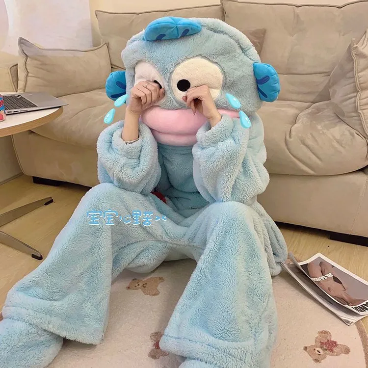 可爱小丑鱼女珊瑚绒连体睡衣加厚保暖秋冬卡通搞怪情侣睡袍长款yw