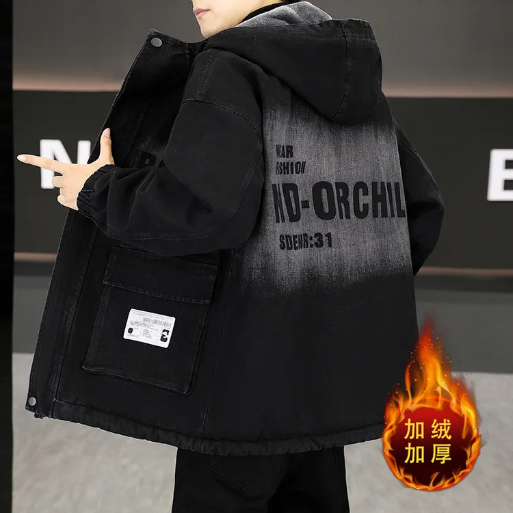 大码牛仔加绒加厚派克服男士保暖连帽棉衣青少年超厚高级感男装