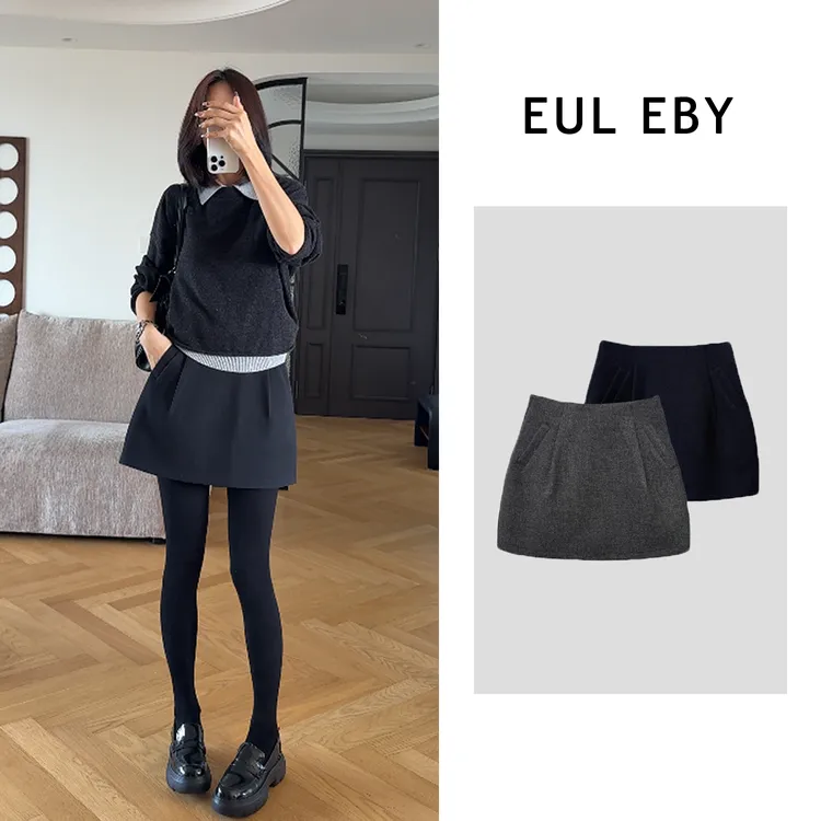 EUL EBY毛呢百搭花苞裙秋冬时尚减龄内衬防走光短裙半身裙251518#