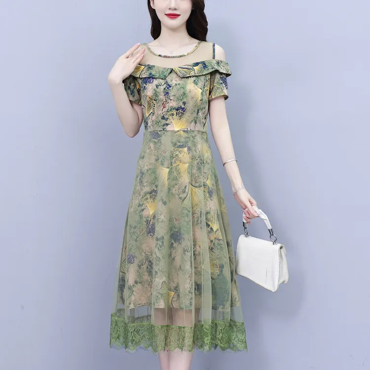 CD#8326 大码女装2025夏季胖mm新中式国风印花网沙拼接显瘦洋气时
