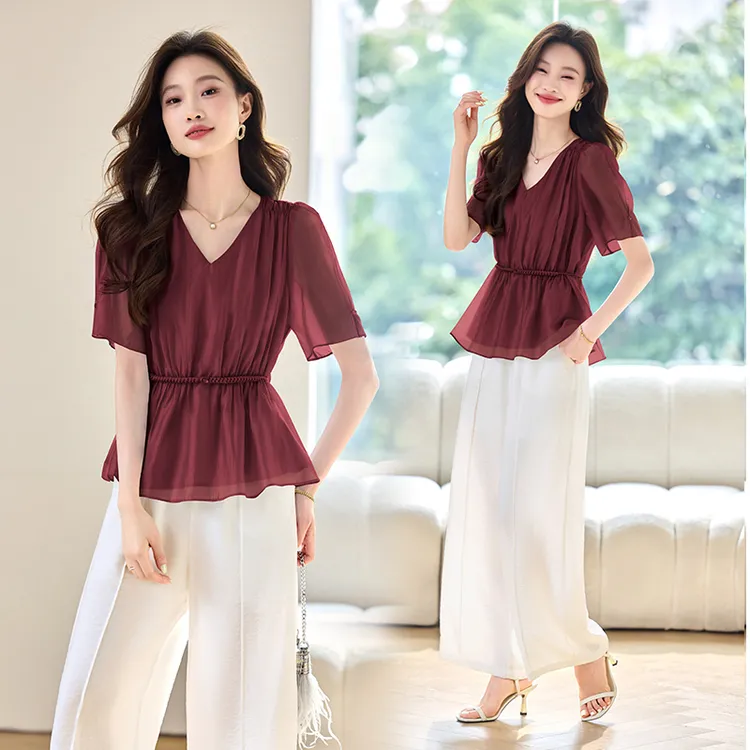 法式高级感小衫V领套装女2025夏季新款收腰显瘦气质阔腿裤两件套