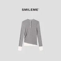 SMILEME【青鸟逸】气质通勤拼接设计褶皱修身长袖上衣R5347014