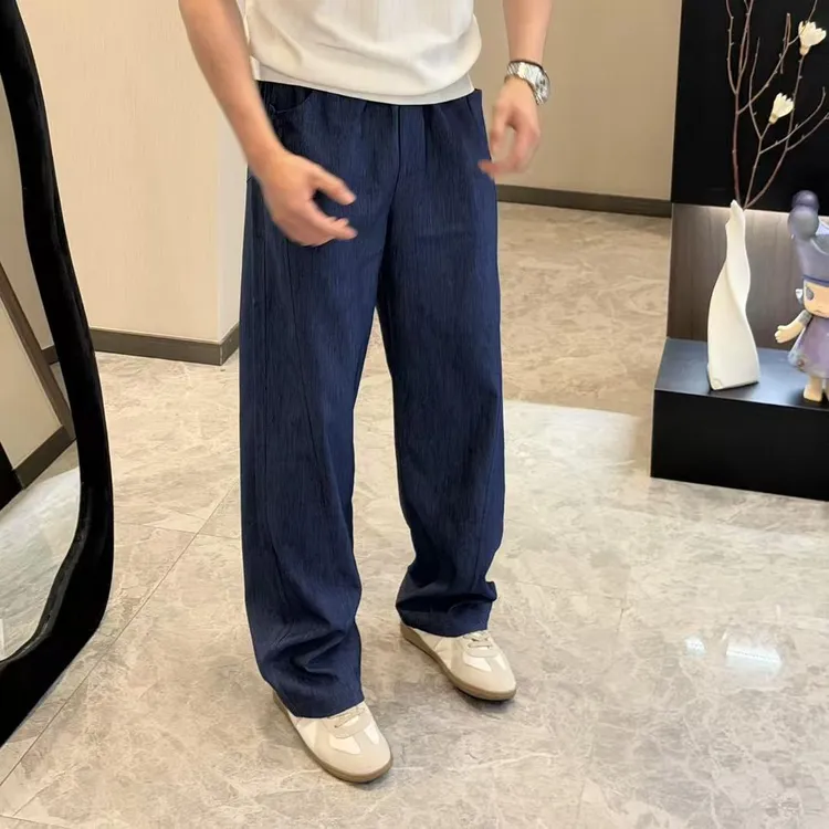 夏季深海蓝仿牛仔冰丝垂感直筒微阔版老钱风休闲西裤