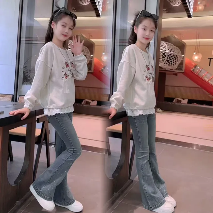女童套装2025秋季新款时尚卫衣中大童修身牛仔喇叭裤两件套女孩
