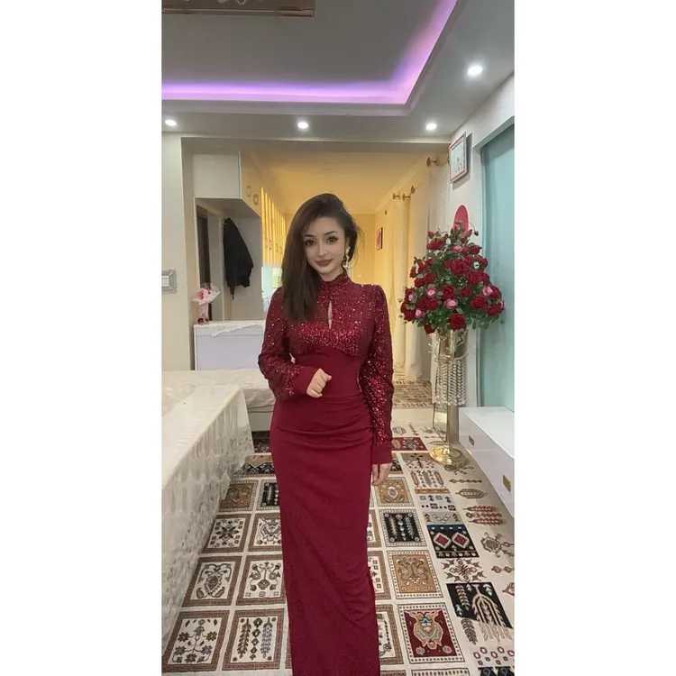 5957【包邮】亮片拼接气质显瘦长款女装连衣裙