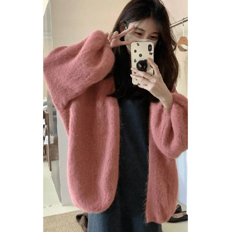韩系高级感灯笼袖针织开衫女秋冬宽松慵懒风松弛感温柔风毛衣外套