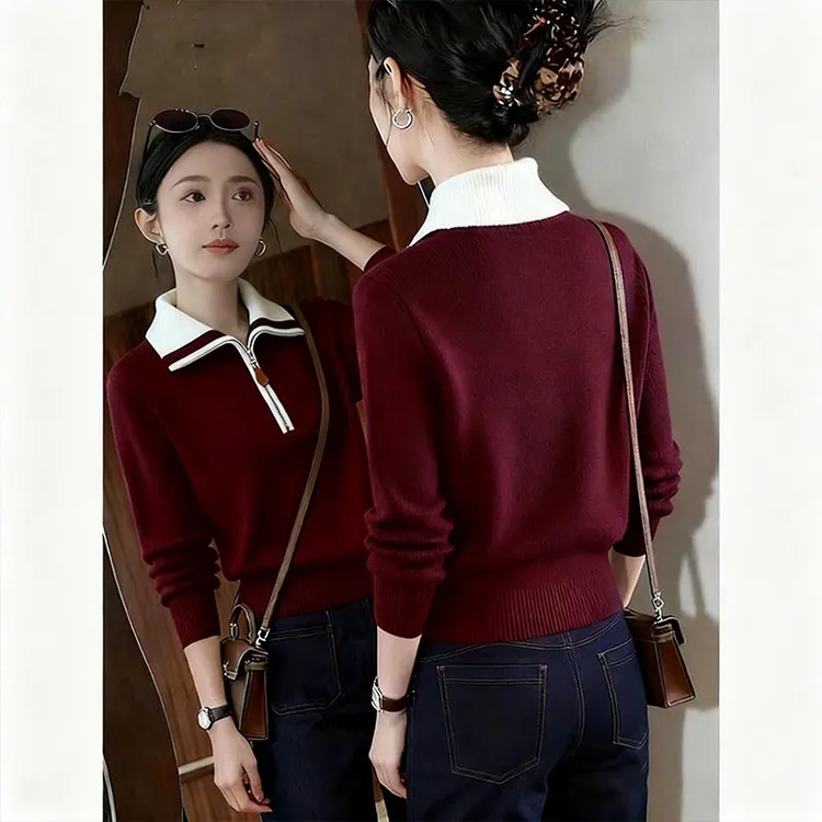 2025年冬季新款今年流行爆款半拉链酒红色毛衣女翻领小个子打底衫