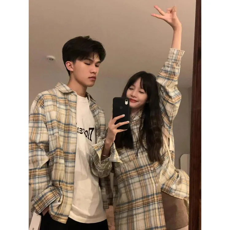 情侣装格子衬衫外套男女款夏季薄款松休闲设计感开衫长袖衬衣