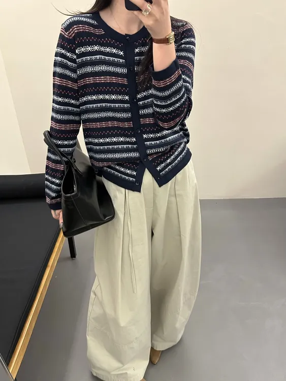 复古的型格 秋冬复古优雅休闲圆领撞色条纹绵羊毛针织YL-6200280