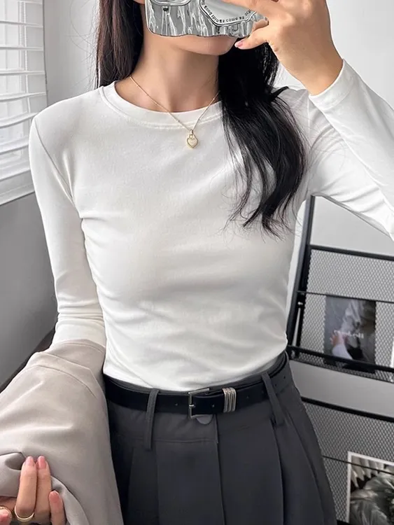 小众韩版秋冬新款圆领长袖内搭打底衫修身显瘦高级感美式上衣T恤