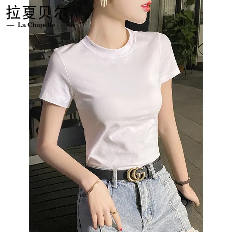 拉夏贝尔 纯棉正肩白色半高领短袖T恤女夏季 2024新款修身紧身半