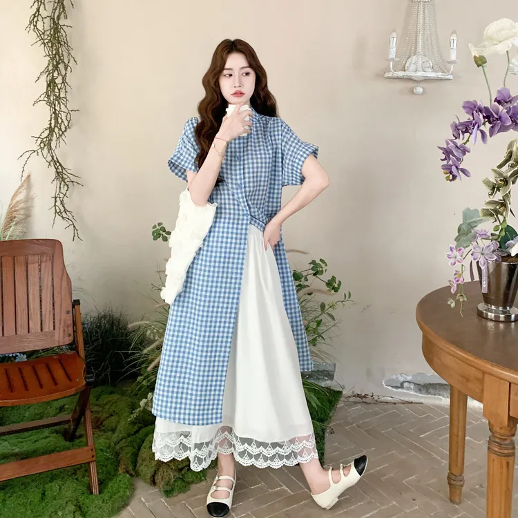 韩系学院风格纹连衣裙套装女夏季独特漂亮蕾丝花边半身裙两件套