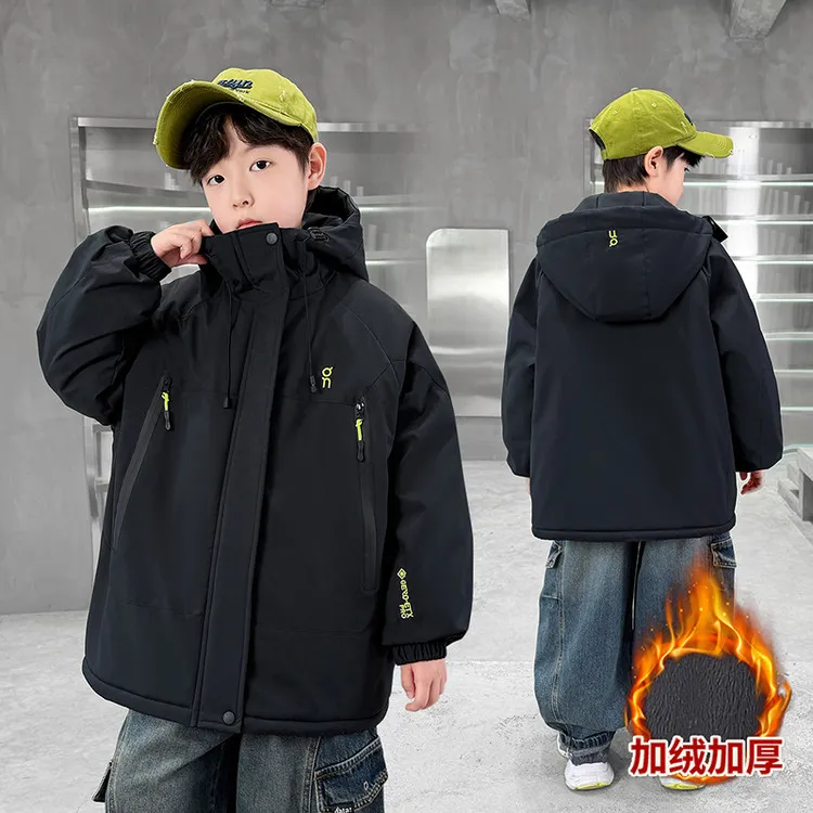 男童冬季加绒外套2025新款大儿童冲锋棉衣秋冬款加厚保暖派克服潮