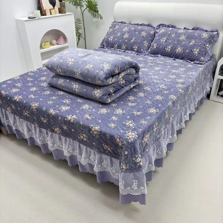 冬季牛奶绒防滑花边四件套加厚高克重床盖三件套秋冬不掉毛抗静电