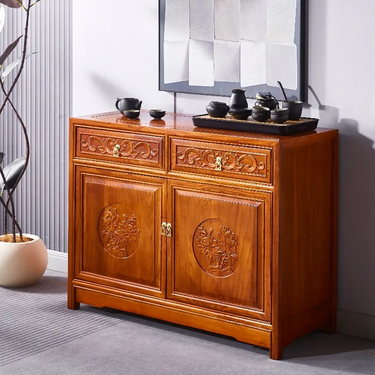 老榆木餐边柜一体靠墙实木茶桌茶台边柜中式茶水柜玄关实木置物架